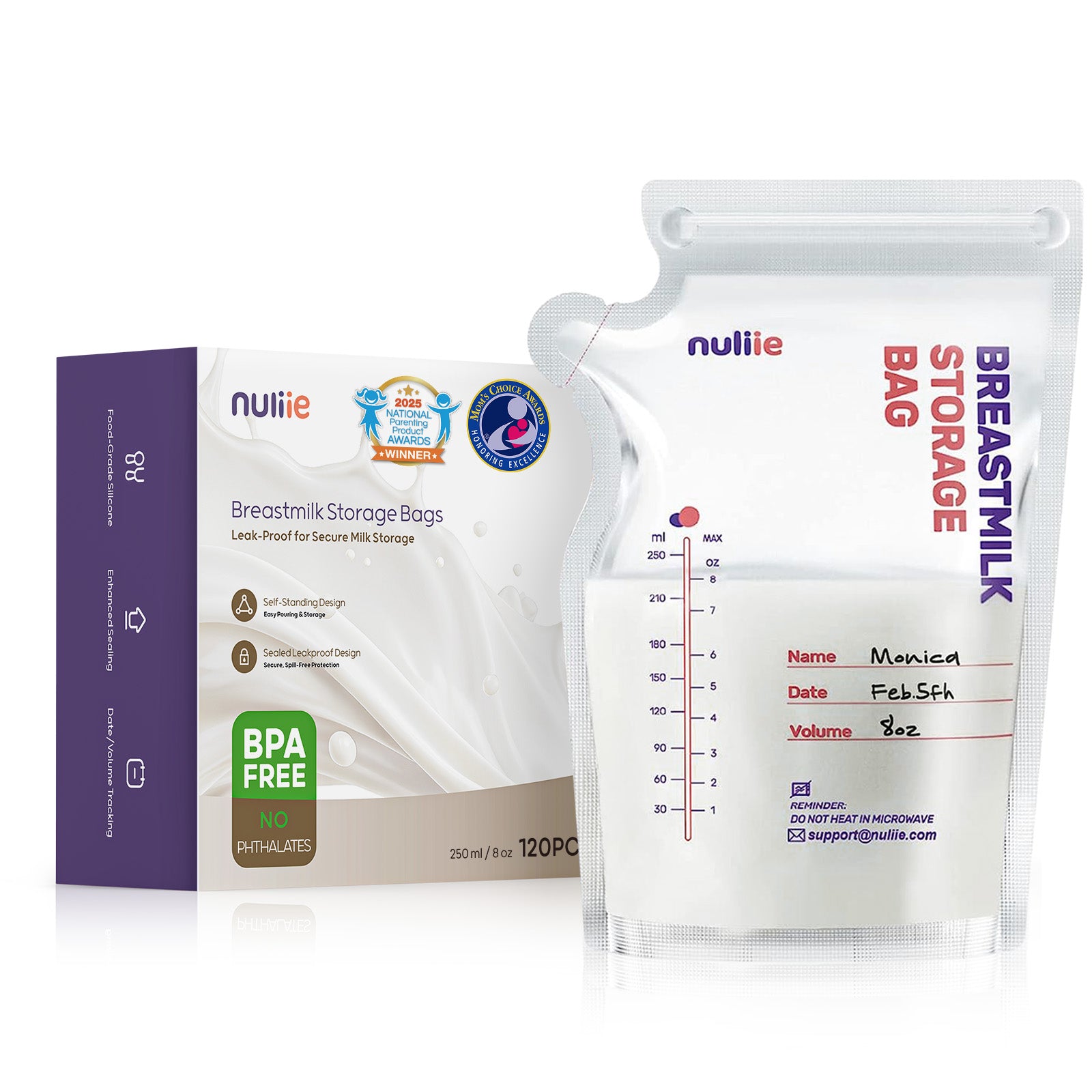 Nuliie Breastmilk Storage Bags BPA-Free, 8oz/240ml