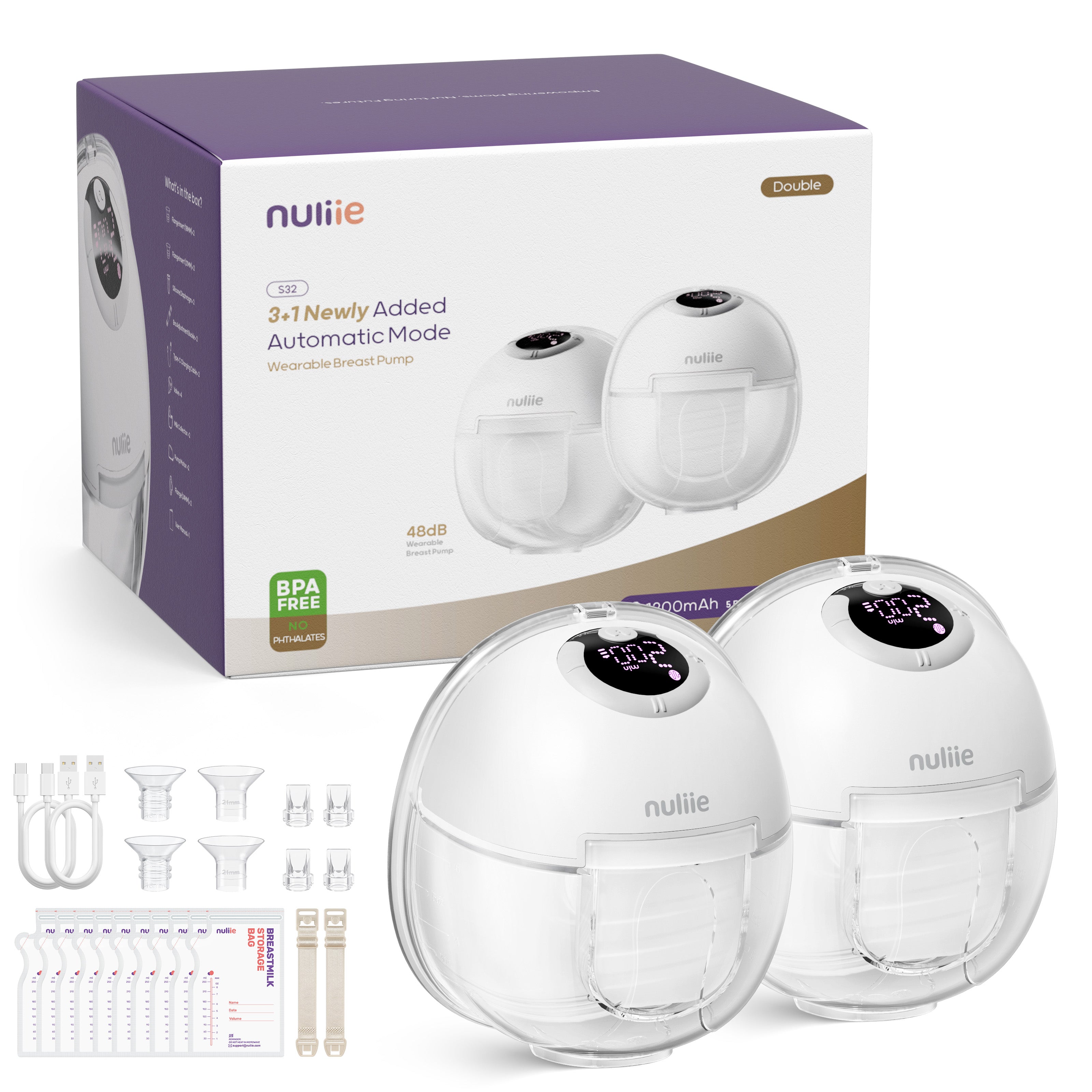Nuliie S32 Hands Free Breast Pump, Wearable Lightweight Silicon, White