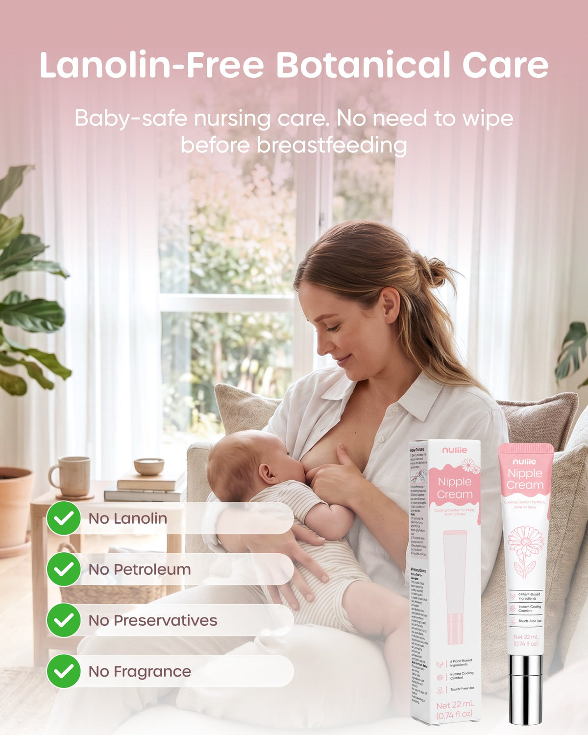 Nuliie Lanolin-Free Nipple Cream for Breastfeeding 2 Pack, Botanical Moisturizing Formula, 0.74 fl oz / 22ml Each