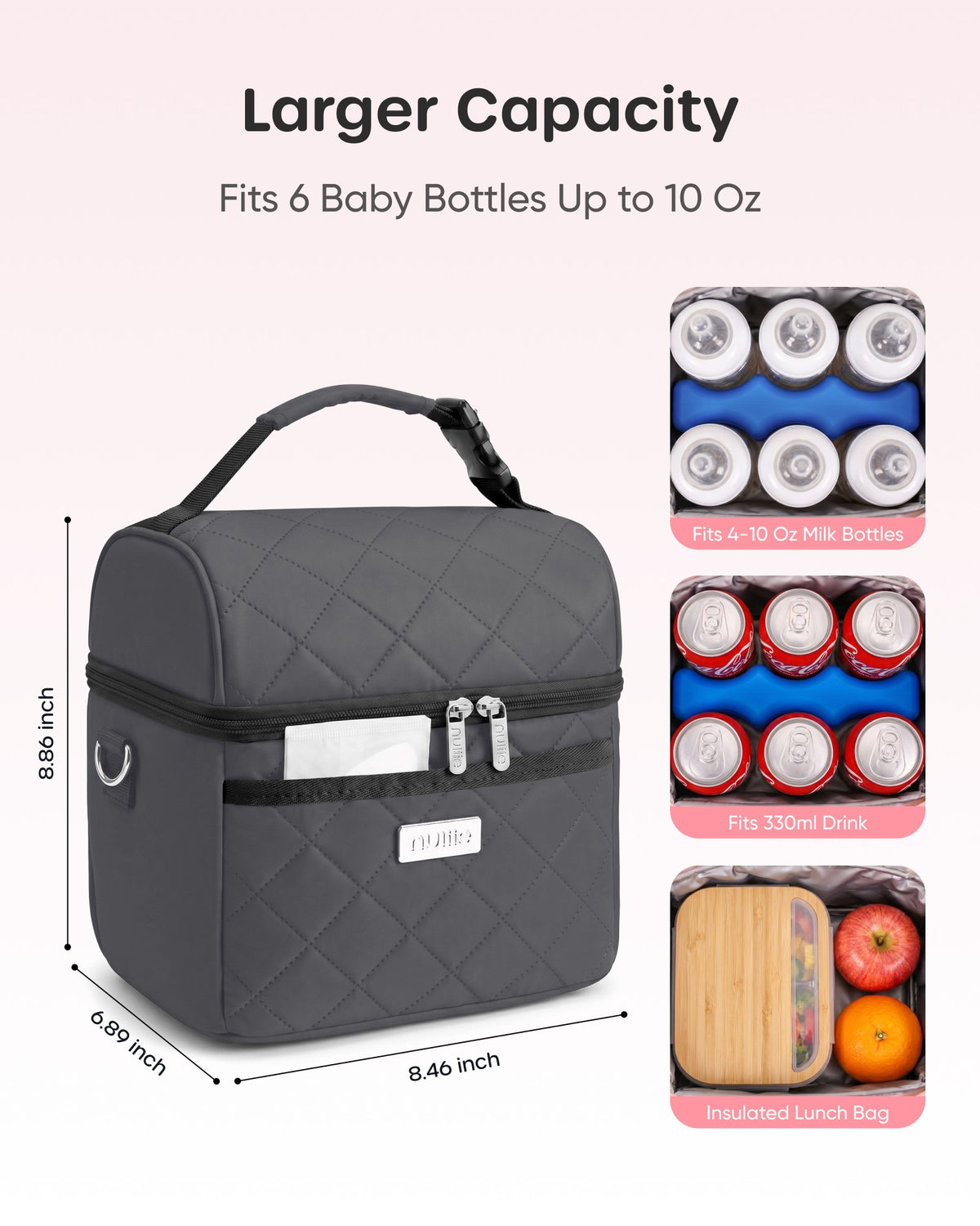 Nuliie Breastmilk Cooler Bag with Ice Pack Fits 6 Baby Bottles