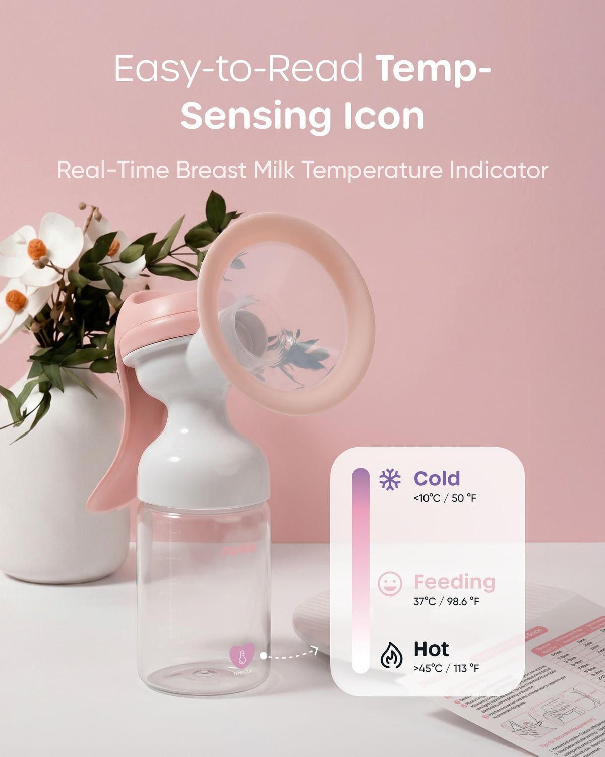 Nuliie 8010 Manual Breast Pump, Adjustable Suction with Temperature-Indicating Bottle, BPA-Free, Heat Resistant