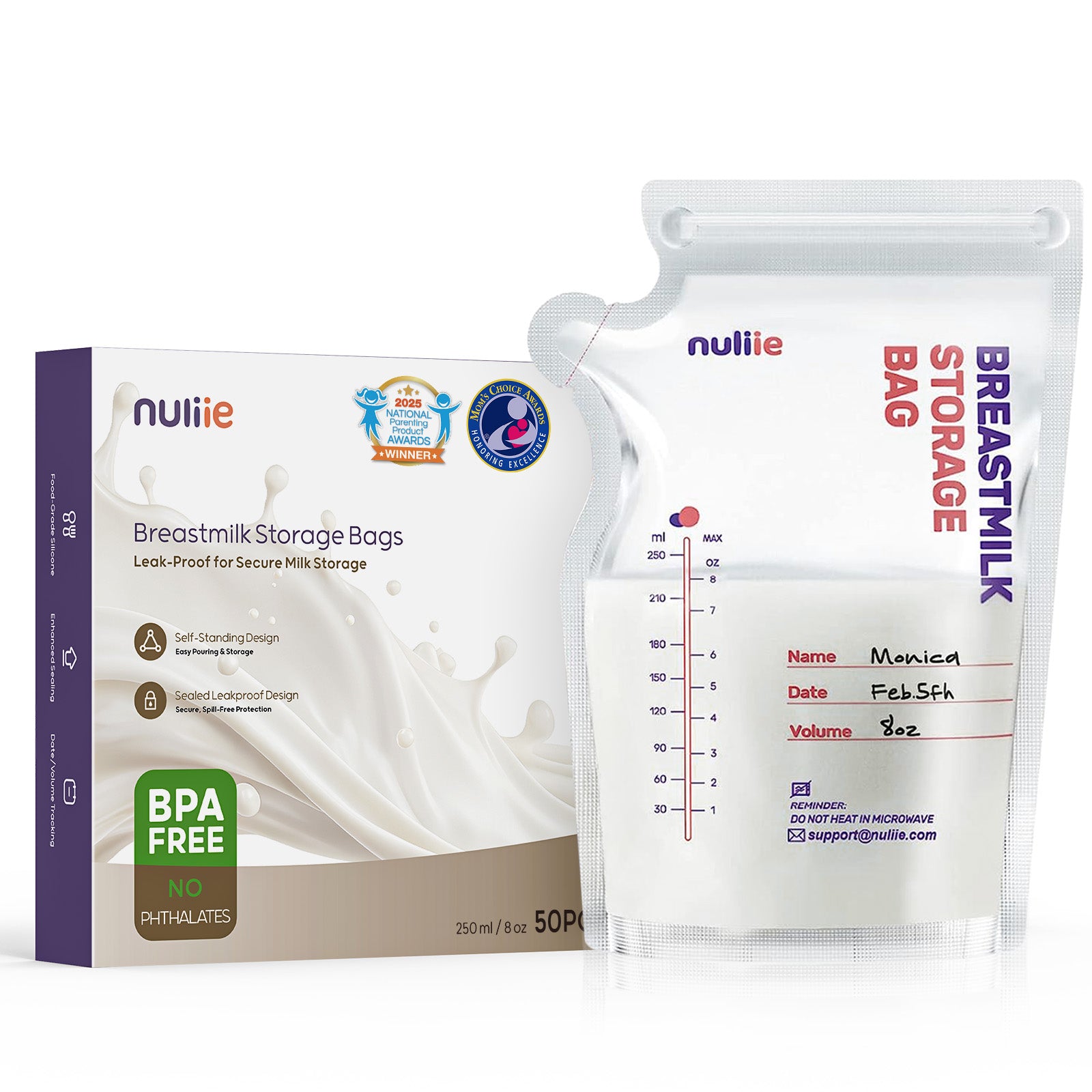Nuliie Breastmilk Storage Bags BPA-Free, 8oz/240ml