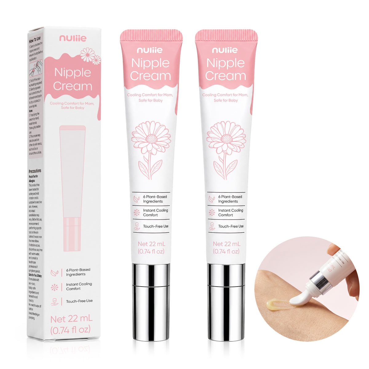 Nuliie Lanolin-Free Nipple Cream for Breastfeeding 2 Pack, Botanical Moisturizing Formula, 0.74 fl oz / 22ml Each