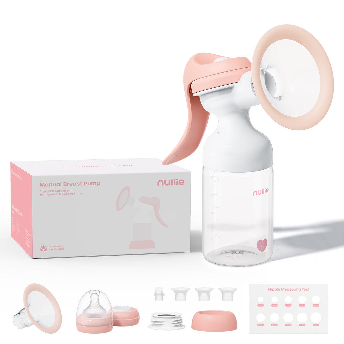 Nuliie 8010 Manual Breast Pump, Adjustable Suction with Temperature-Indicating Bottle, BPA-Free, Heat Resistant